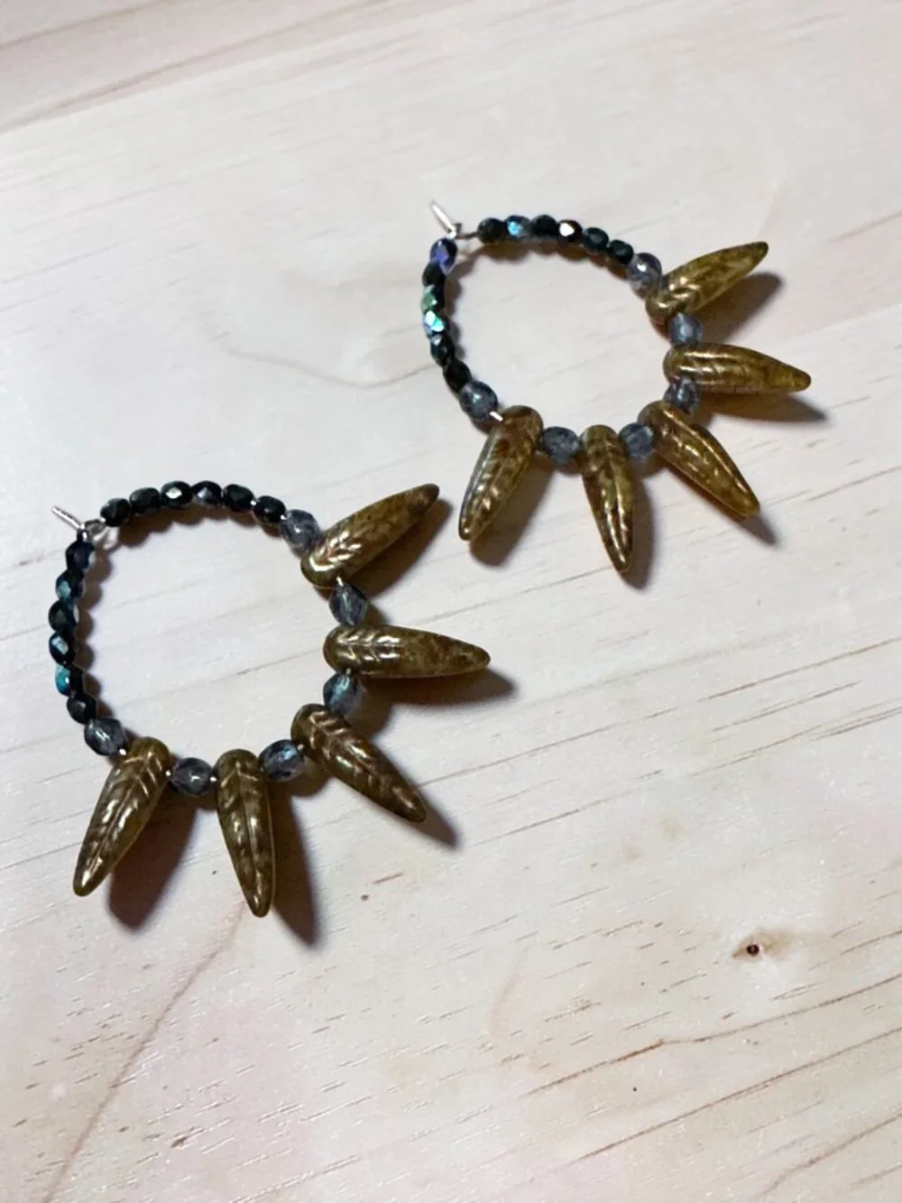 Boho Czech Glass Hoop Earrings Rustic Bronze Dagger Beads Blue Artisan